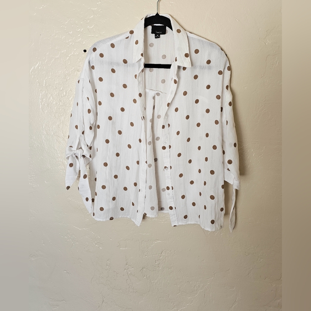 Lumière Blouse Medium White Bronze Polka Dot Button Down - Picture 3 of 9